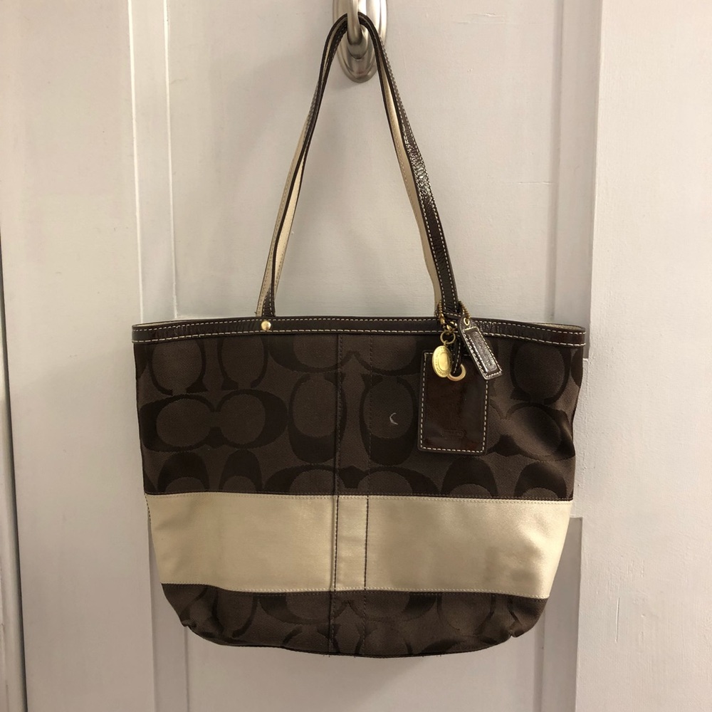 Coach brown signature strip tote bag